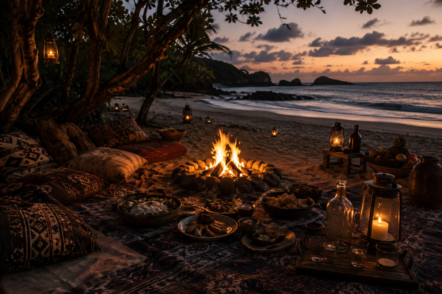 A private Beach Outpost picnic area with campfire, lanterns, cushions, food, and the ocean at dusk
