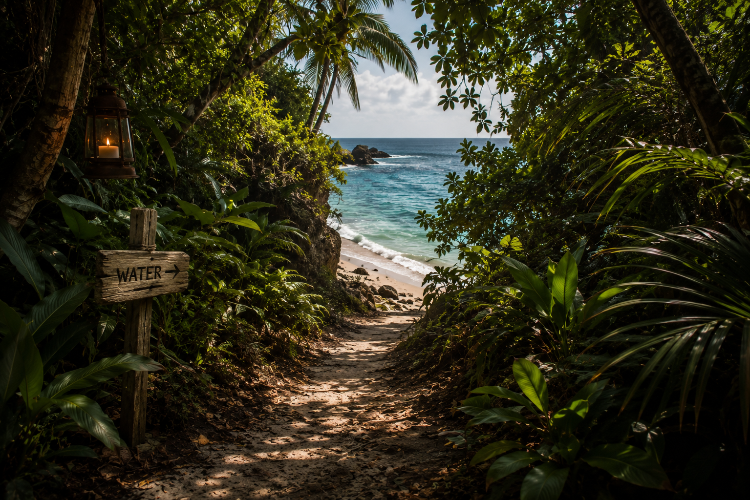 A narrow jungle path leading to a private beach with surfboard and tropical foliage