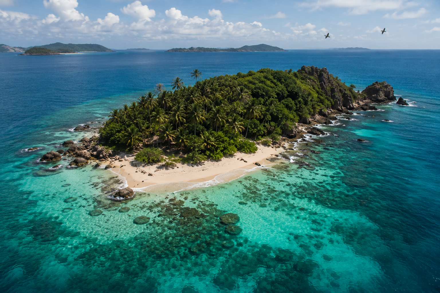 A private tropical island with palms, reef water, white sand, and dark rocks seen from above