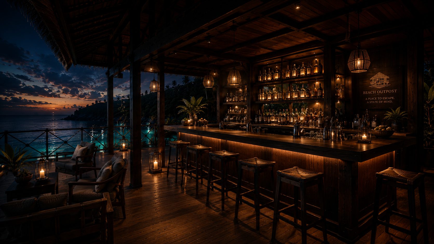 Dark timber Beach Outpost overwater refuge glowing above turquoise water