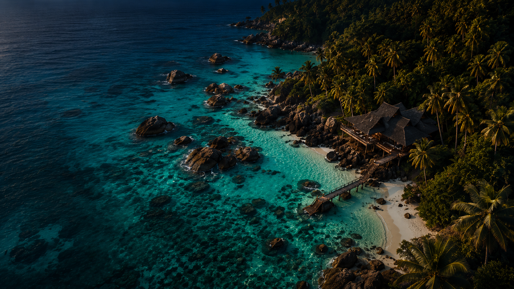 Aerial view of turquoise water, rocks, palms, and quiet beach coordinates