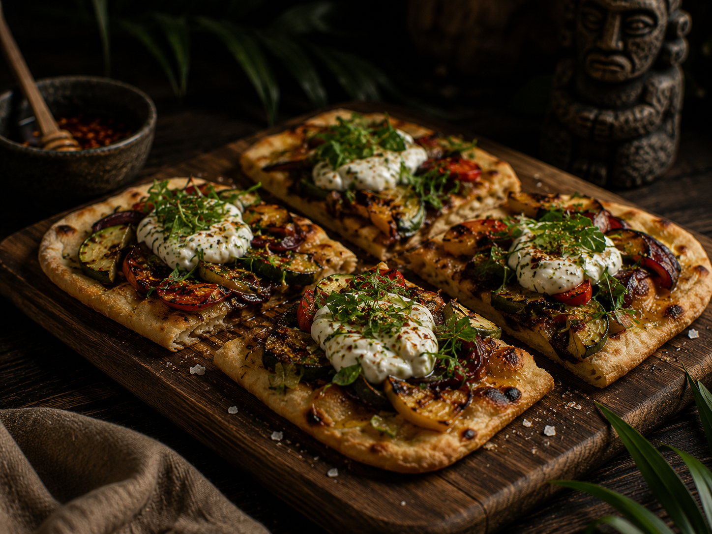Cassava flatbread with grilled vegetables, herbed yogurt, chili honey, and sea salt