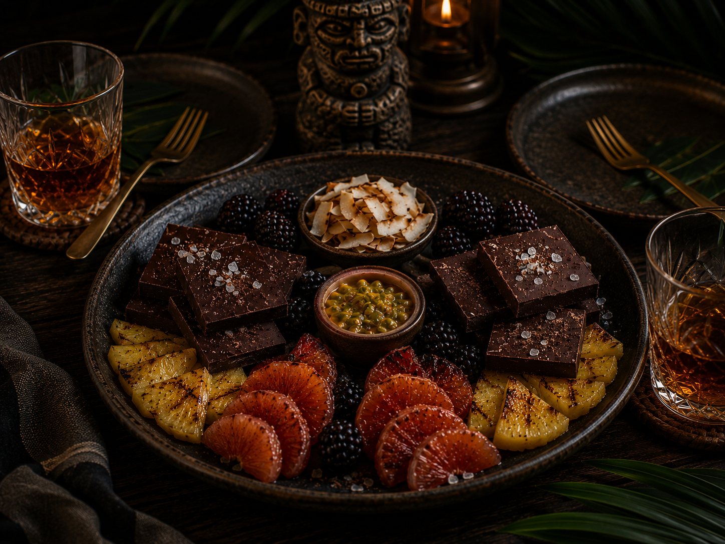 Dark chocolate plate with toasted coconut, seasonal fruit, sea salt, and dark rum
