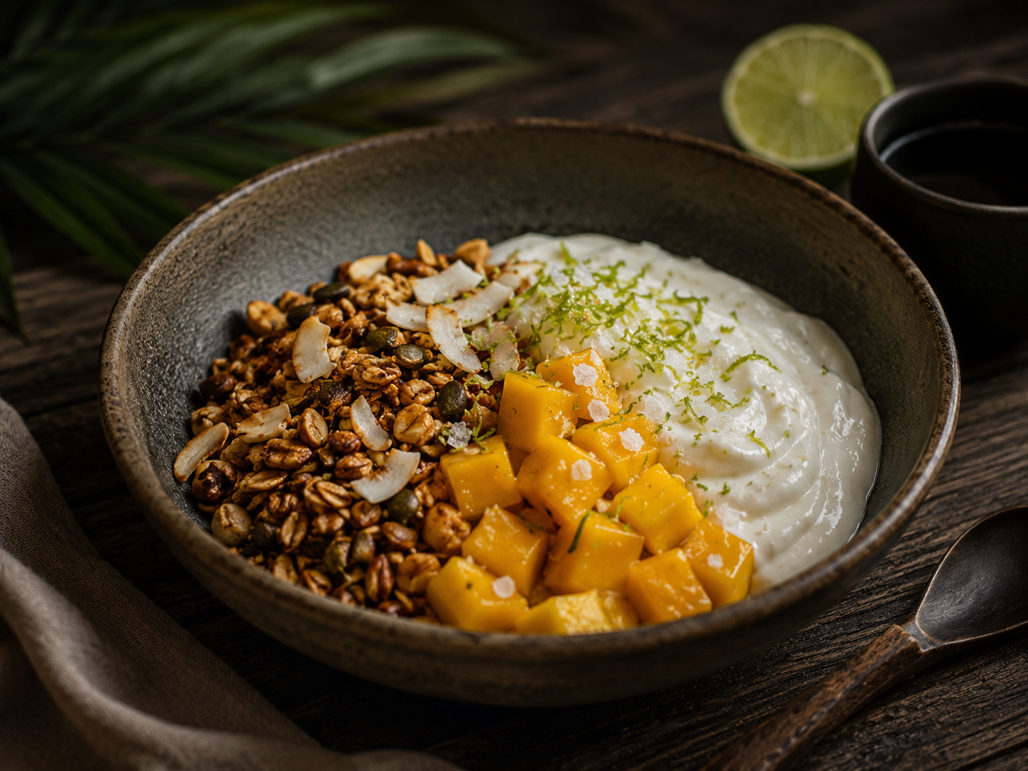 Coconut yogurt with mango, toasted seeds, lime zest, and sea salt served at Beach Outpost