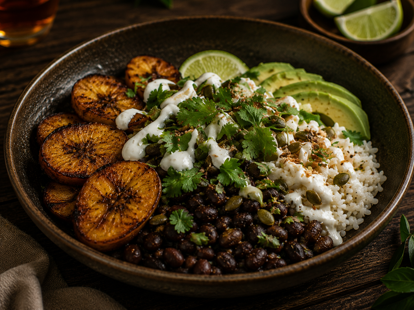 Warm plantain and black bean bowl with rice, avocado, lime crema, cilantro, and toasted pepitas